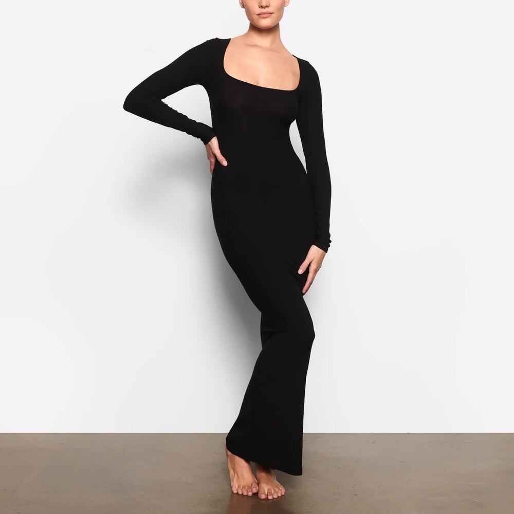 Skims Soft Lounge Long Sleeve Maxi Dress in Onyx Black Size Small NWT